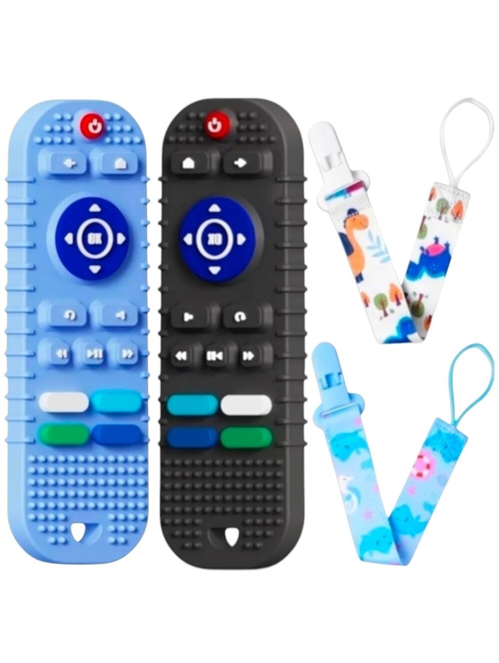 Baby Teething Silicone Remotes 2 Pack with Pacifier Clip Tethers - Blue/Black